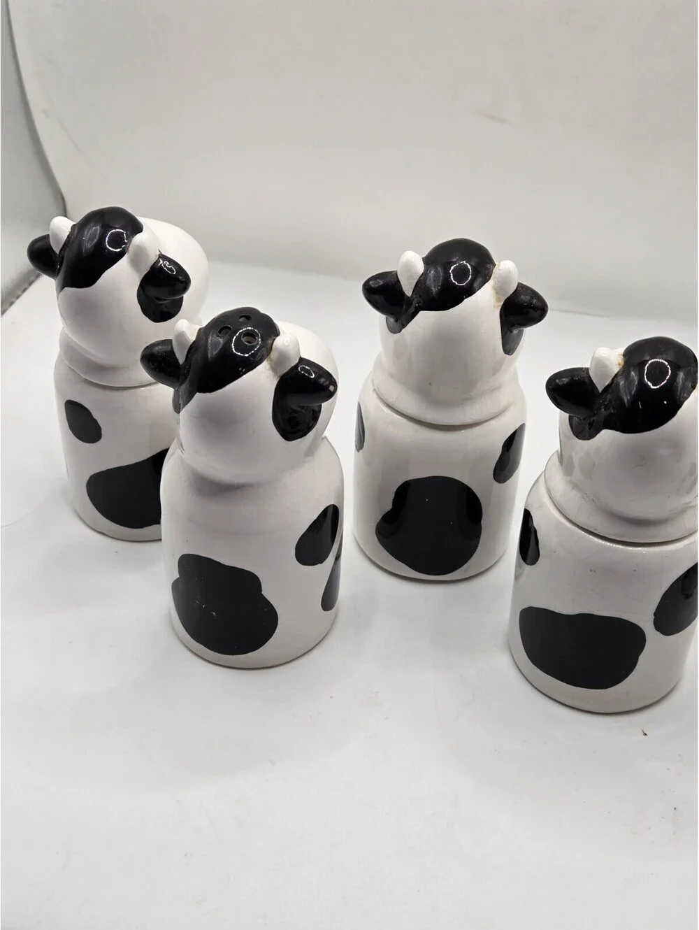 Vtg Ceramic Cow Spice Jars Shakers Set of 7 Black White Country Kitchen AS IS